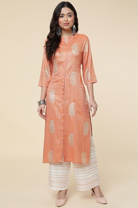 Women Straight Viscose Zari Lining Printed Kurta with plazzo